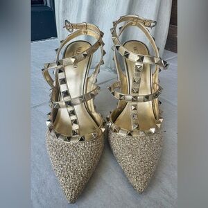 VALENTINO Leather T-Strap Pumps 37 1/2 Gold Special Edition